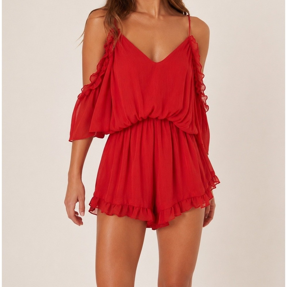 For Sienna Ruffle Cold Shoulder Romper S Red Chiffon Fluff Summer Festival Boho